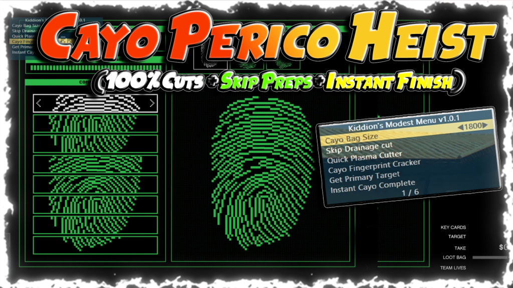GTA V Cayo perico Heist Preps + 100% Cuts all + FingerPrint Caracker Script for Kiddions Mod Menu 1.0.1
